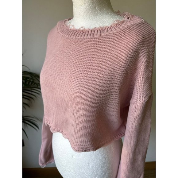PrettyLittleThing Rose Fray Edge Crop Knitted Jumper S, L - Picture 2 of 4